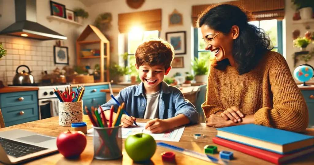 Parent and child smiling while working on a fun and engaging elementary school project together at home. #ParentInvolvement #ElementarySchool #HomeLearning #Education