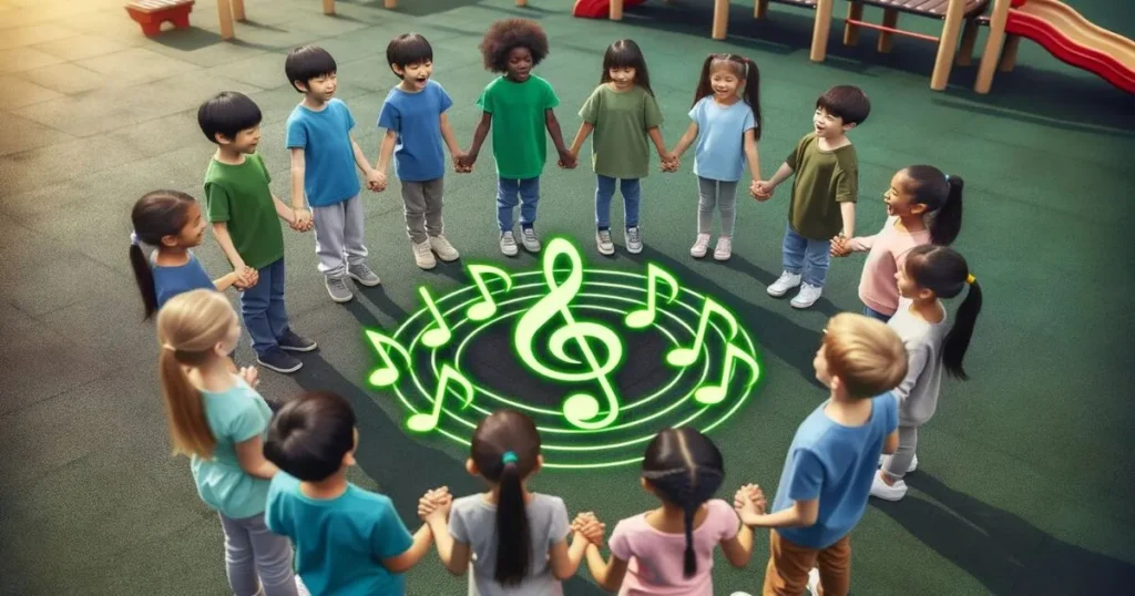 a group of children engaged in a circle, singing the same song or playing the same game multiple times.