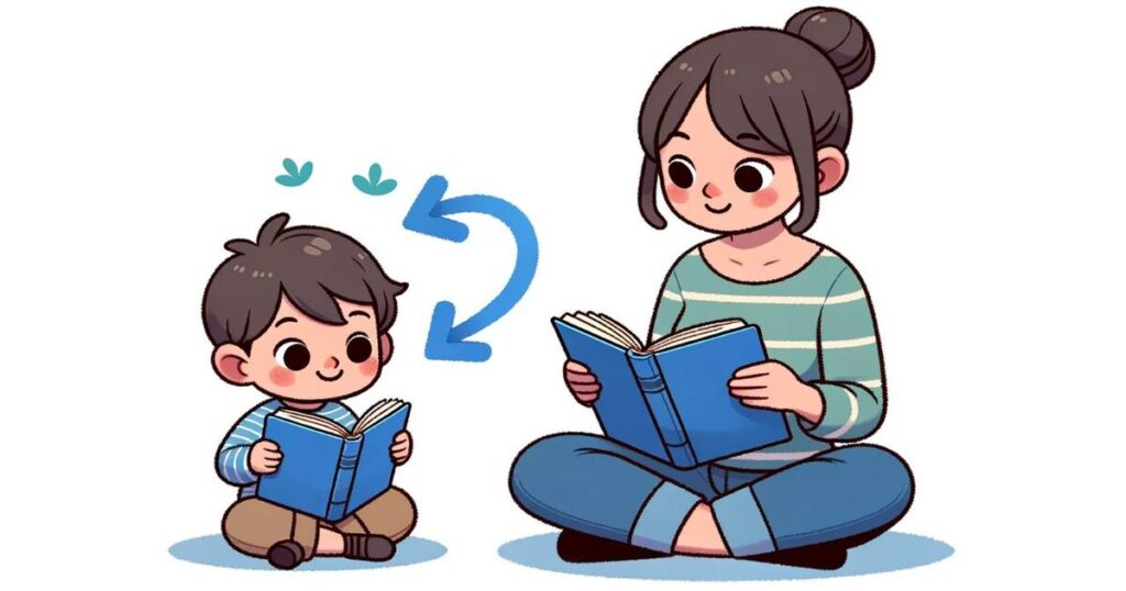 A boy and his mom reading the same books