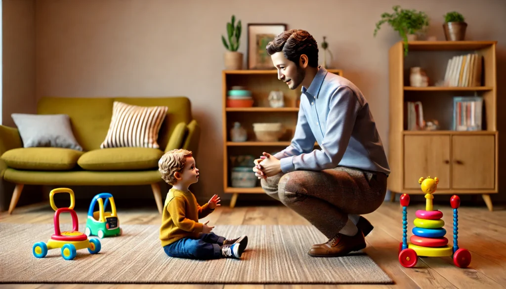 A parent kneeling down speaking with their child