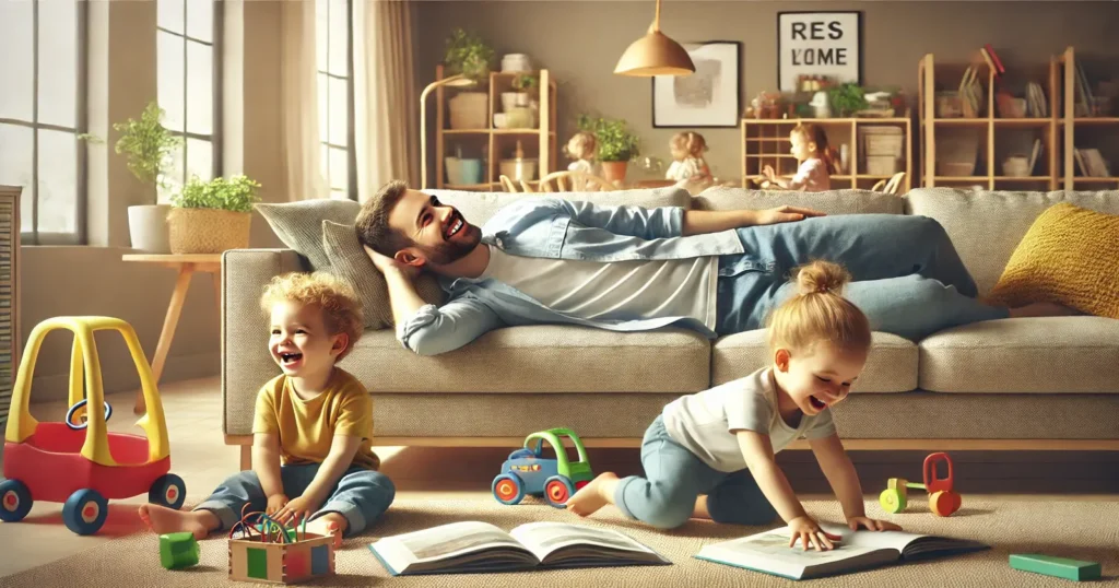 scene of a parent practicing horizontal parenting, lying comfortably on a modern couch in a cozy living room while two young children play happily with toys and books, with soft natural lighting and warm neutral tones.