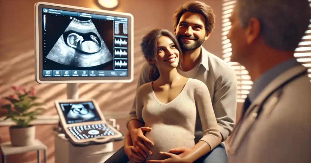 Expecting father with his pregnant wife at a doctor's office, viewing an ultrasound screen.